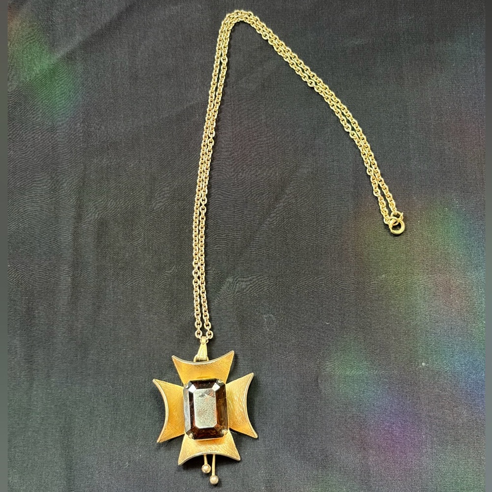 Vintage Amber Color Bezel Gold Tone Necklace Boho Brutalist Maltese Cross 70s
